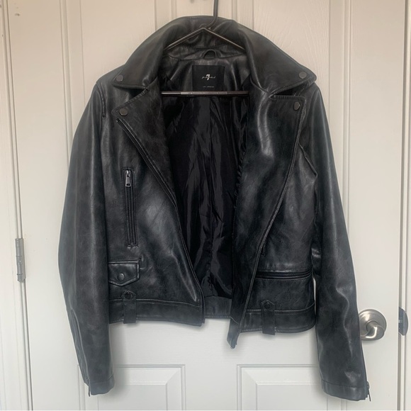 7 for all Mankind Faux Leather Vegan Moto biker jacket black zip goth Medium - Picture 8 of 9